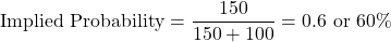 \[\text{Implied Probability} = \frac{150}{150 + 100} = 0.6 \text{ or } 60\%\]